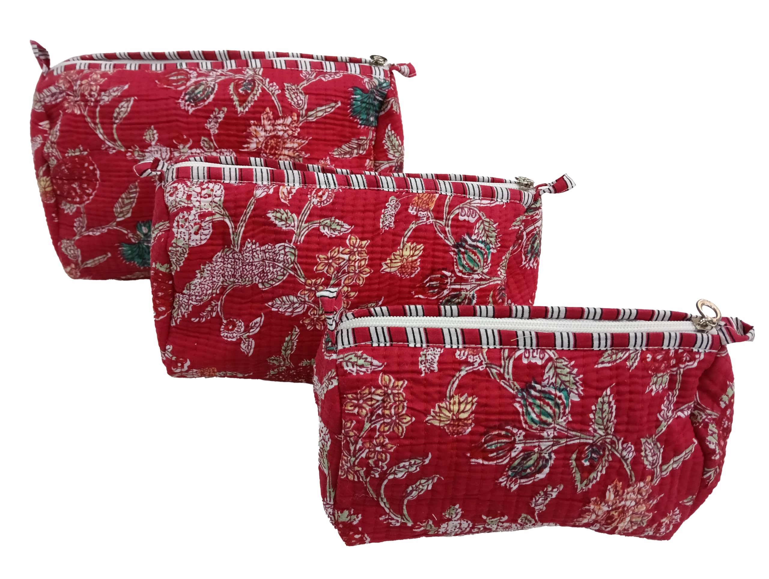 Hand Block Printed Cotton Quilted Floral Toiletry Bag 3 Piece Combo Set Waterproof Traveller Cosmetic Bags (RED 3)-image-10