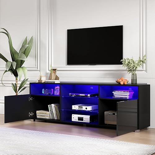 Miniatura 4 de Uspeedy Soporte de TV LED de 65 pulgadas para TV de 6570 pulgadas, soporte de TV negro brillante para sala de estar, moderno centro de