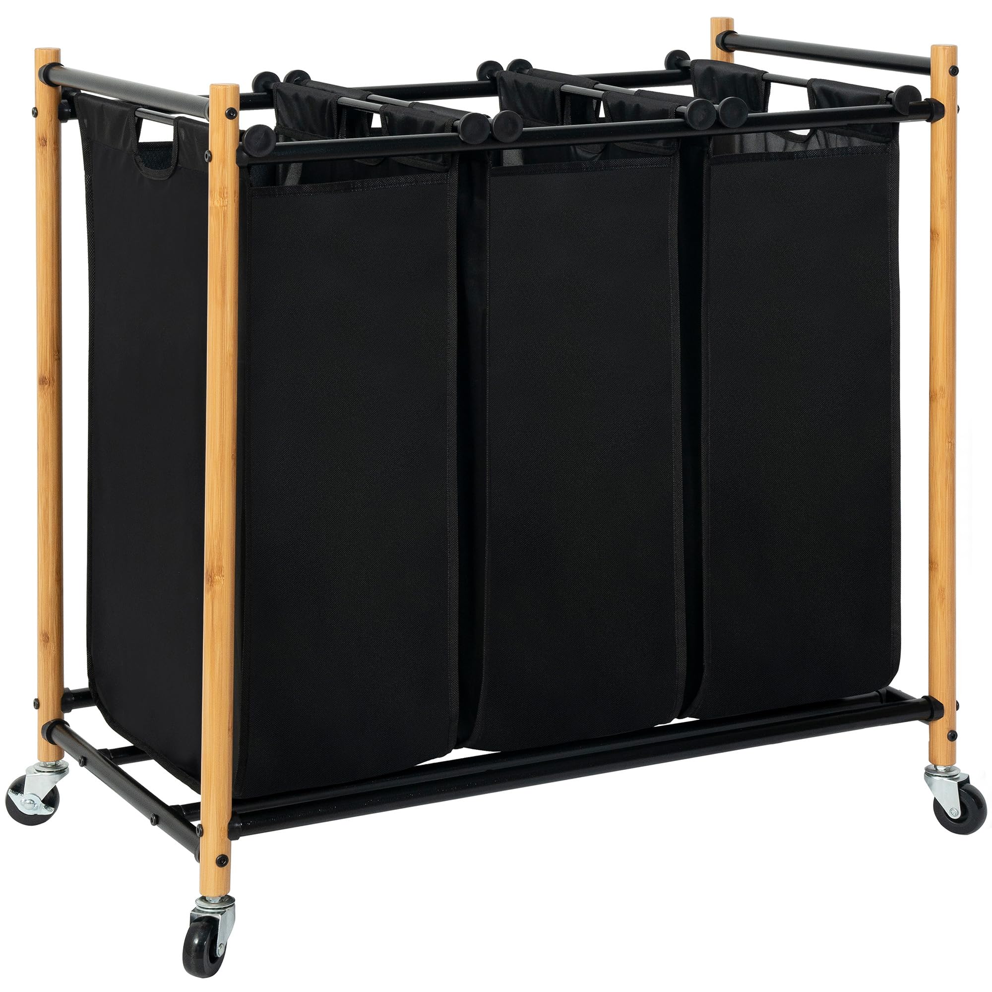STORAGE MANIAC 3 sections laundry sorter, 136l laundry basket with heavy duty rolling locking wheels and removable pockets, clothes organizer basket clothes separator basket, bamboo