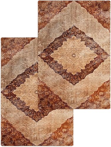 Kitchen Towel 2 Packs Cotton Waffle Weave, Geometric Brown Flower Textured Retro 16 x 24 Inch Absorbent Quick Drying Dish Towels Clothes for Kitchen