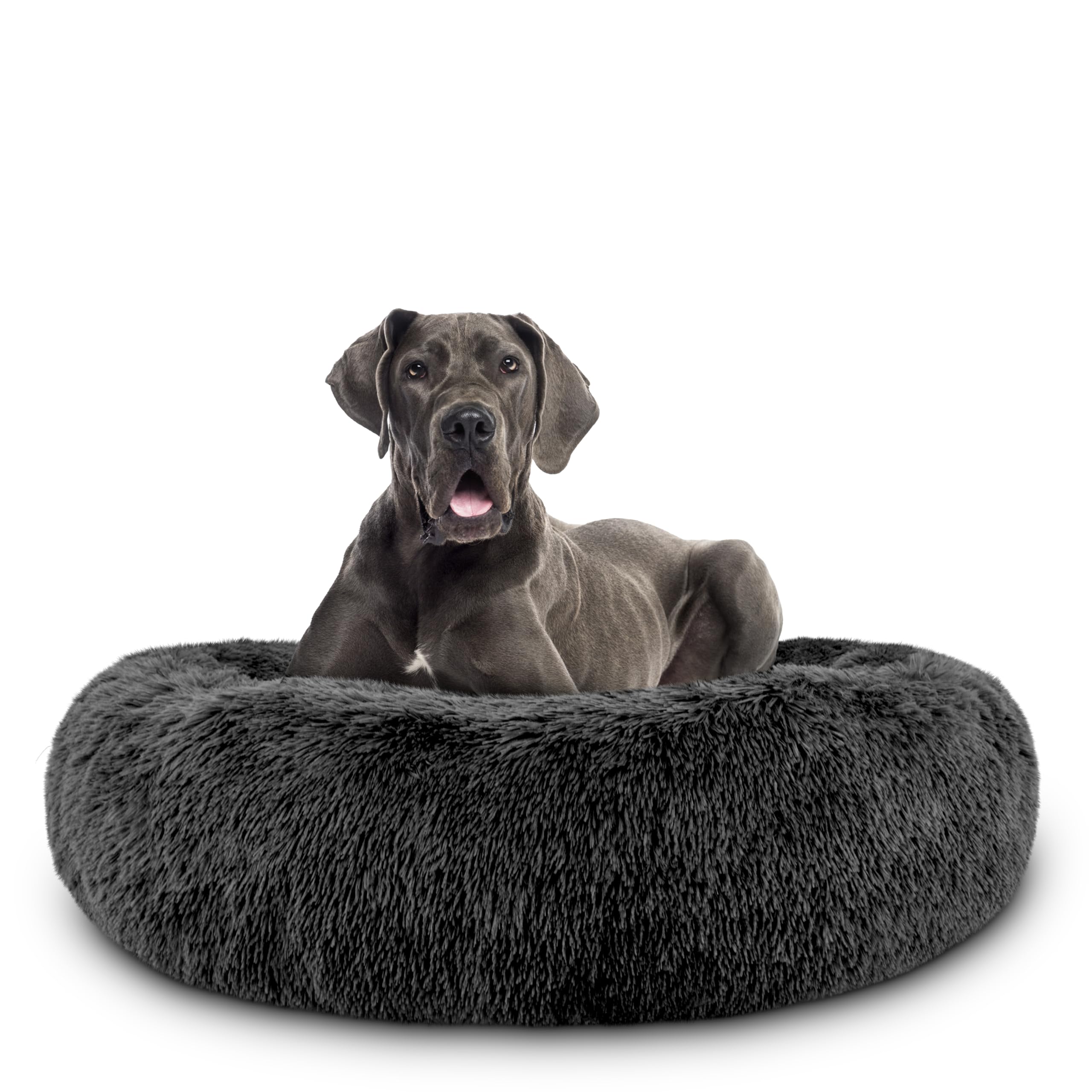 The Dog’s Bed Calming Donut Dog Bed, Plush Faux Fur Round Cuddler Nest – Removable Washable Zip Cover, XXL Beds - 137cm Diameter, Dark Grey Fur