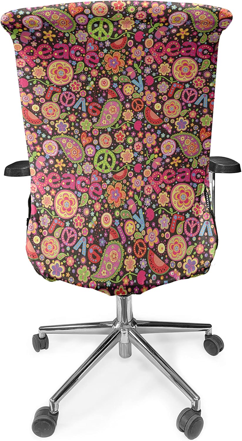 Ambesonne Groovy Office Chair Cover, Hippie Colorful Paisley Leaves Music Keys Typography Idealism Historic Revolution, Stretchable Decorative Universal Size High Back Printed Slipcover, Magenta Black