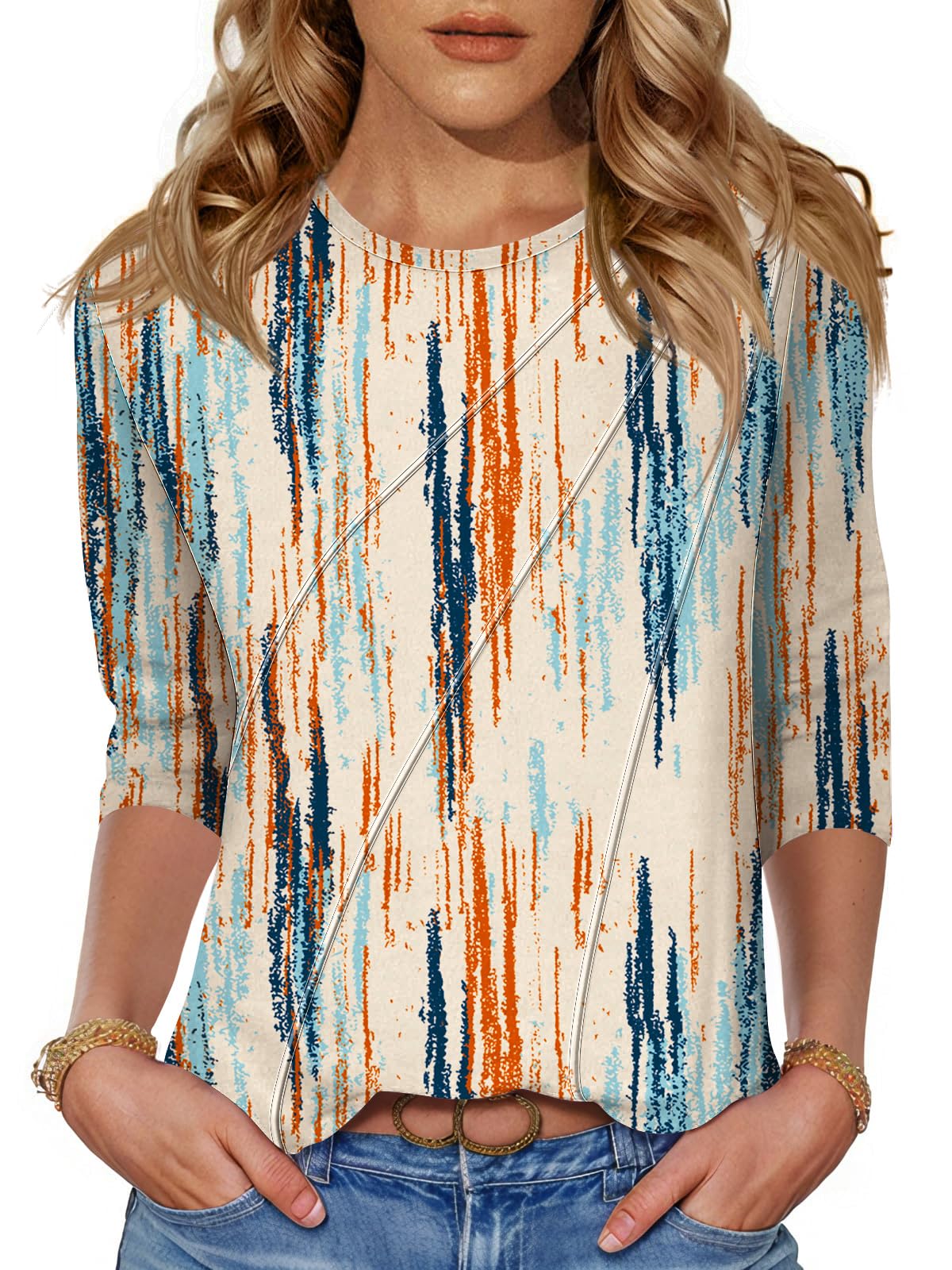 LOMON 3/4 Length Sleeve Womens Tops Spring Summer Fashion 2025 Tops Crew Neck Pleated Shirts Tunic Top Loose Fit