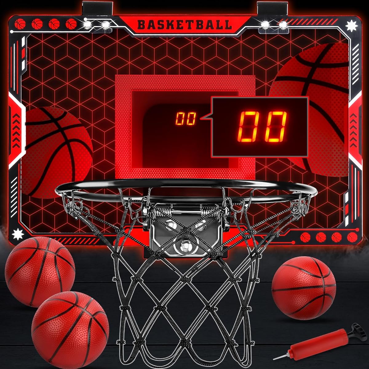 Mini Basketballkorb Indoor Kinder, Mini Basketballkorb fürs Zimmer, LED Basketball Korb mit Elektronische Anzeigetafel, 3 Balls, Tür Basketball Korb Geschenk für Jungen Mädchen 6 7 8 9 10