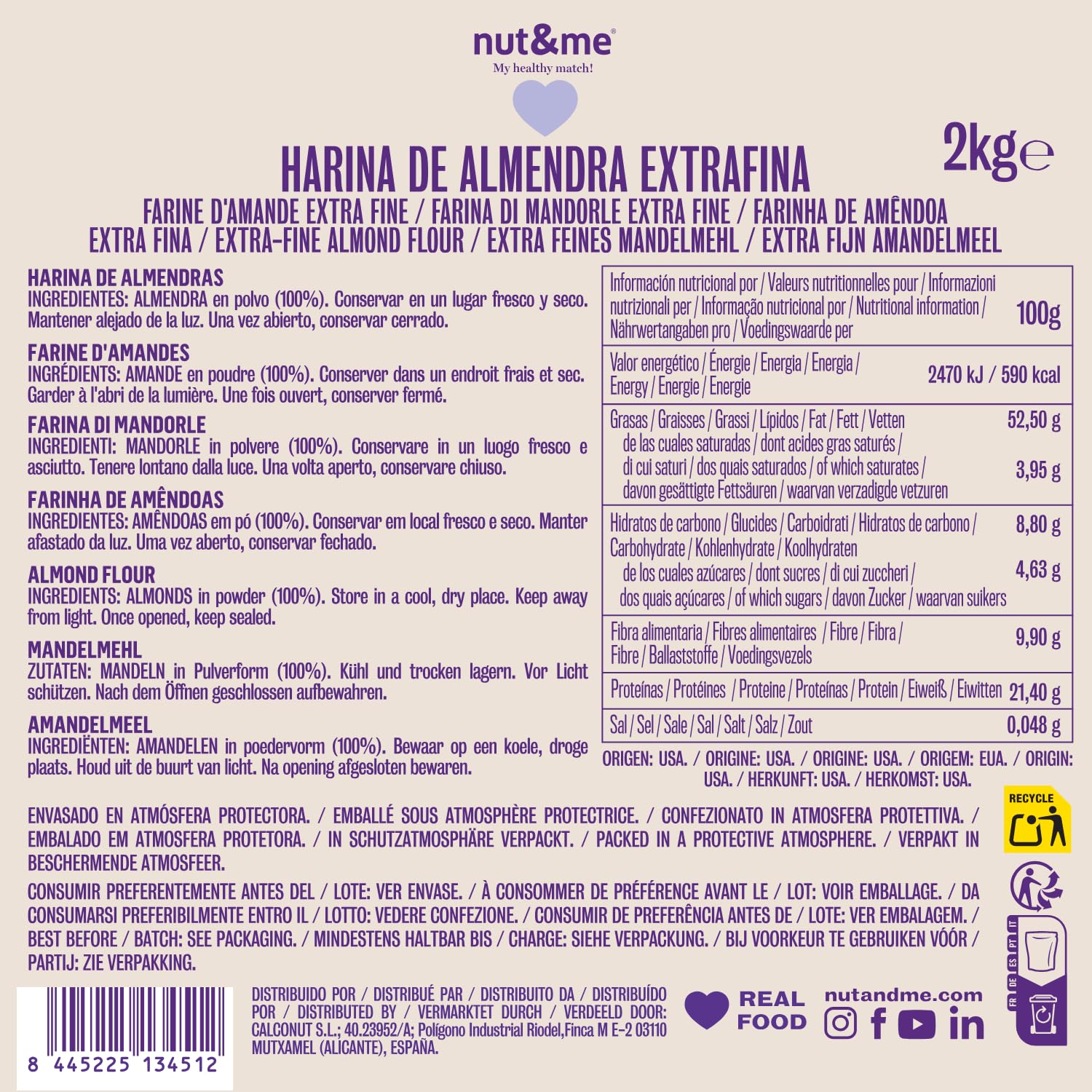 Harina de almendra 2 KG nut&me | 100% almendra | Extrafina | Sin Gluten | Keto | Repostería | Sin azúcar| Sin conservantes ni aditivos | Alto en proteínas |
