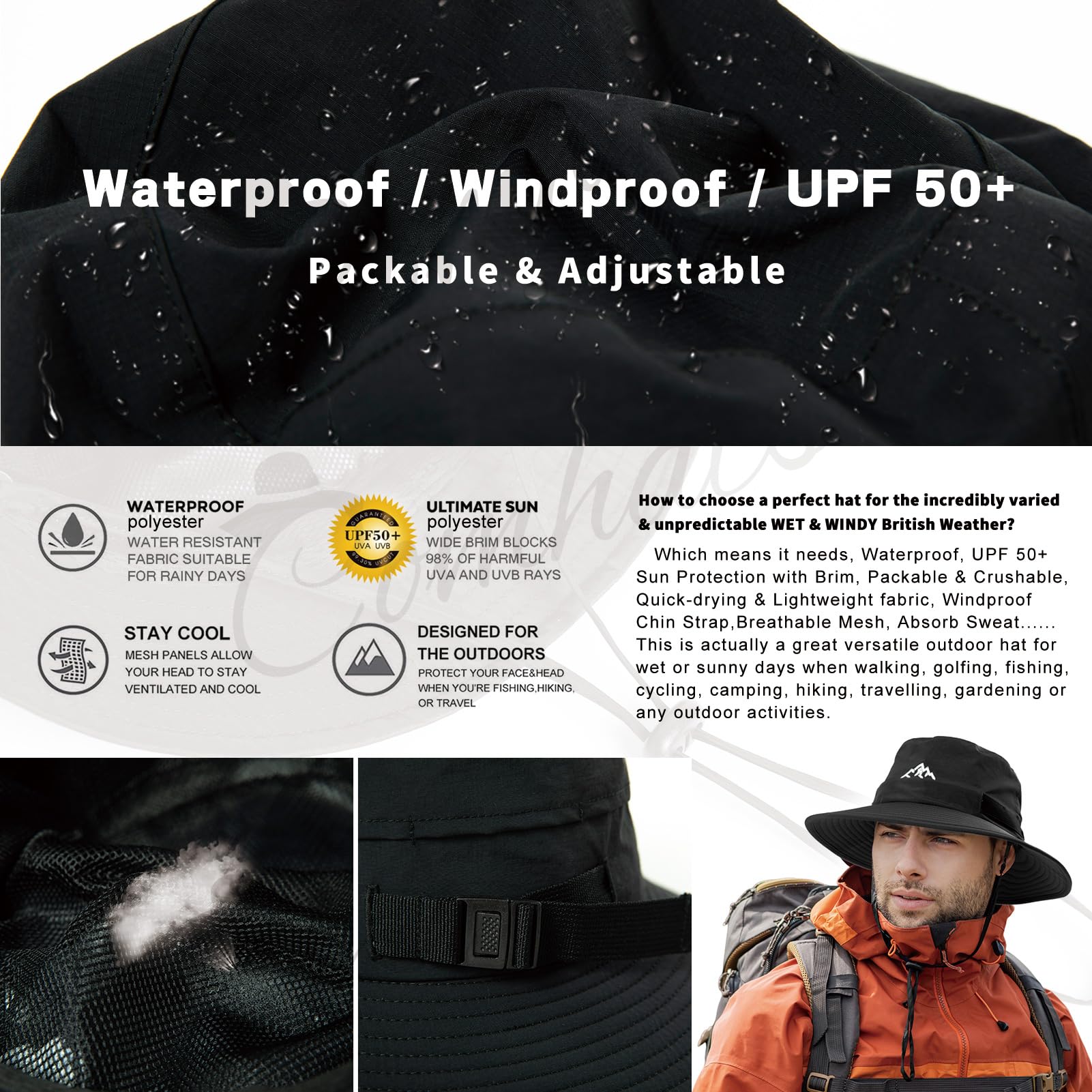 Comhats Sombrero impermeable para exteriores, para senderismo, golf, safari, pesca, senderismo, sombreros de lluvia, UPF 50+, ajustable, plegable, resistente al viento, 54-66 cm