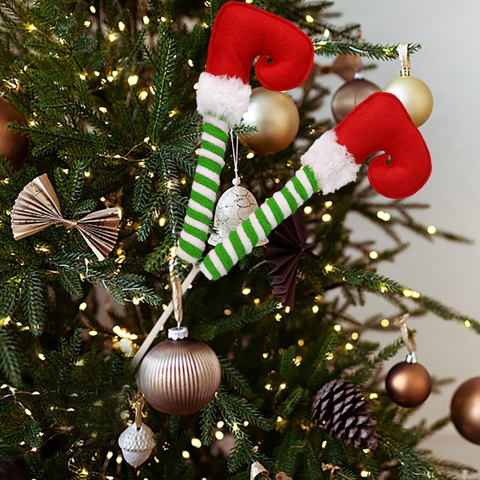 Corlidea B Christmas Elf Legs Picks, Christmas Decorations Tree Picks, Red White Peppermint Lollipop Christmas Picks For Tree, Elf Feet Tree Ornaments For Christmas Tree Xmas Tree Topper Home Decorations