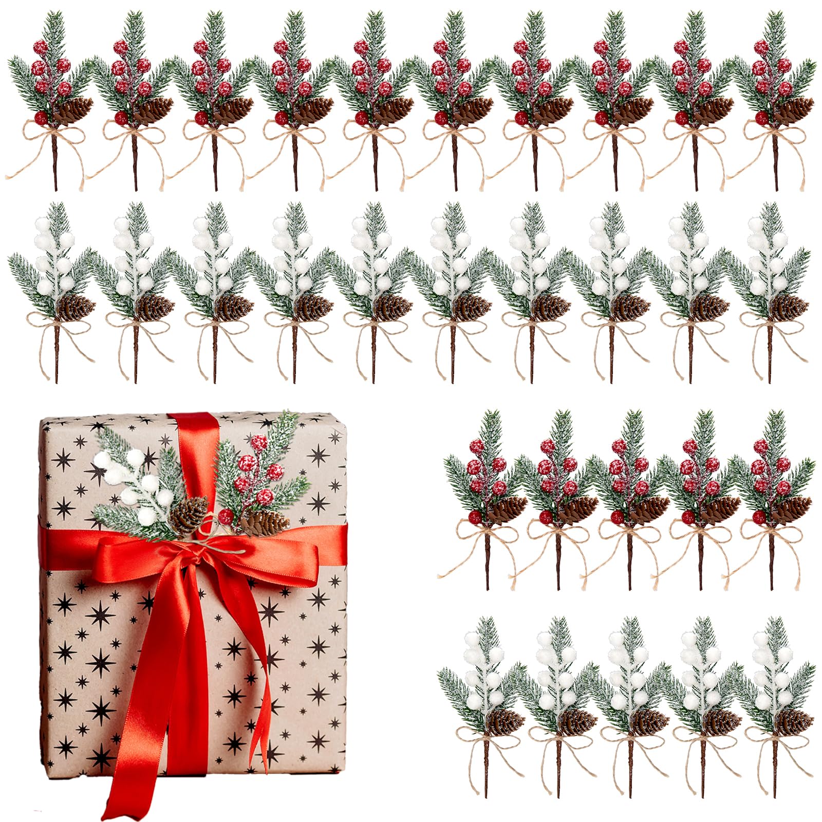 Künstliche Tannenzapfen, 15,2 cm, beflockte Stechpalme, rote und weiße Beeren, Weihnachtsspieße und Sprays, künstliche Blumenplektren mit Tannenzapfen für DIY-Geschenke, Blumenarrangements, 30