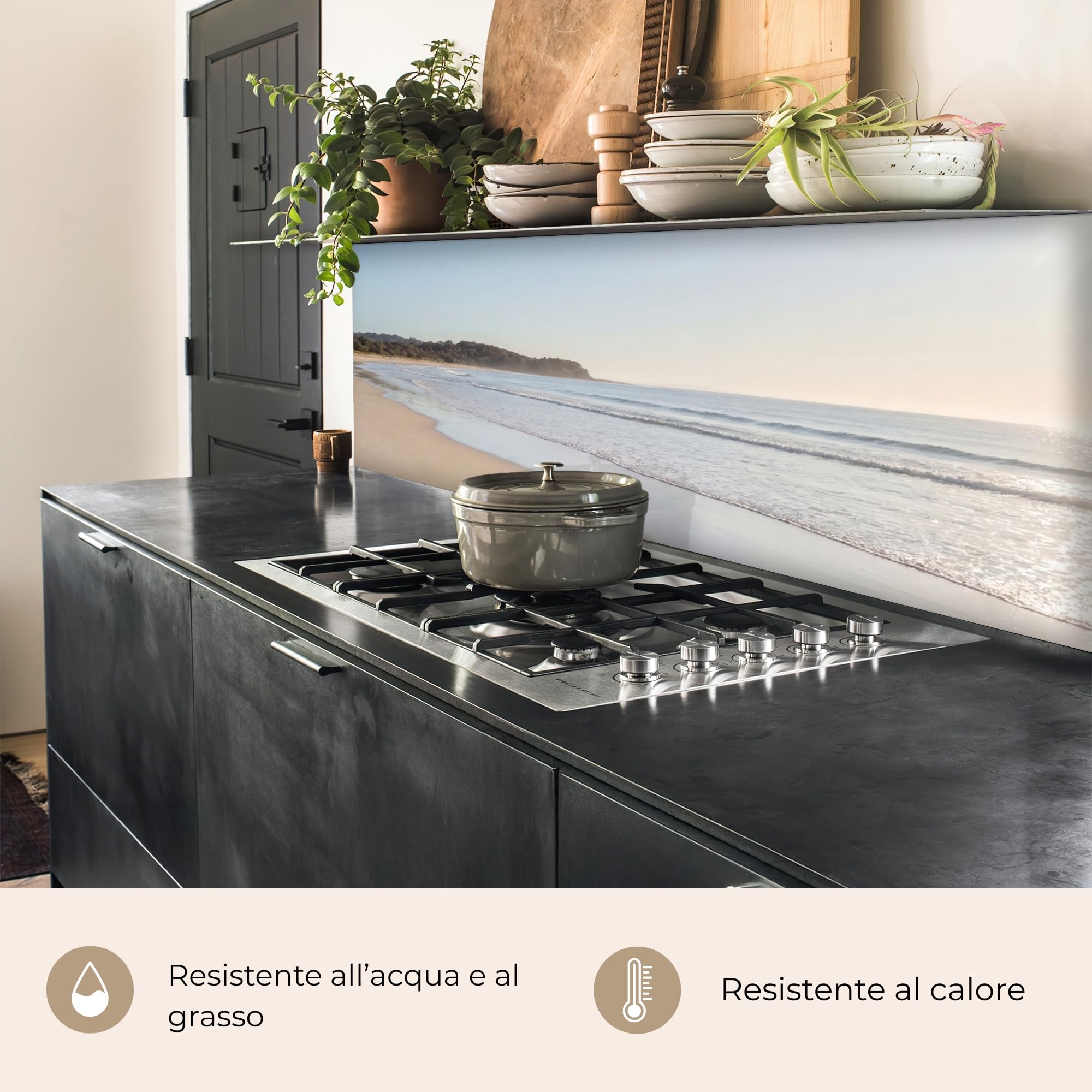 KitchenYeah© Paraschizzi Cucina Adesivo 80x300 cm Pannello Parete Paraspruzzi Muro Decorativo Mare - Sole - Sabbia