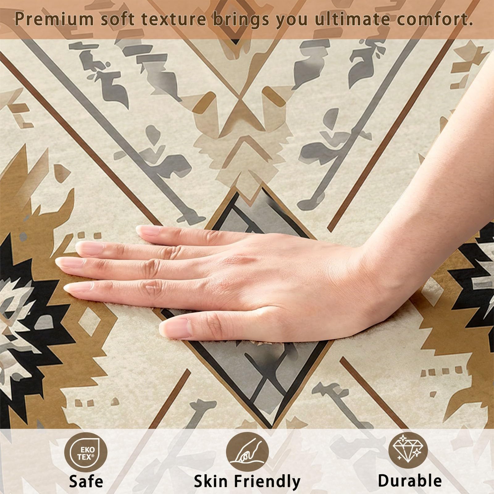 Waschbarer Teppich Wohnzimmer Suedwestlich Ethnisch, 80 x 150 cm Kurzflor rutschfest Teppich Weich Teppiche mit Druckmuster für Schlafzimmer, Esszimmer, Rauten Pfeile Geometrisch ZickzackBraun