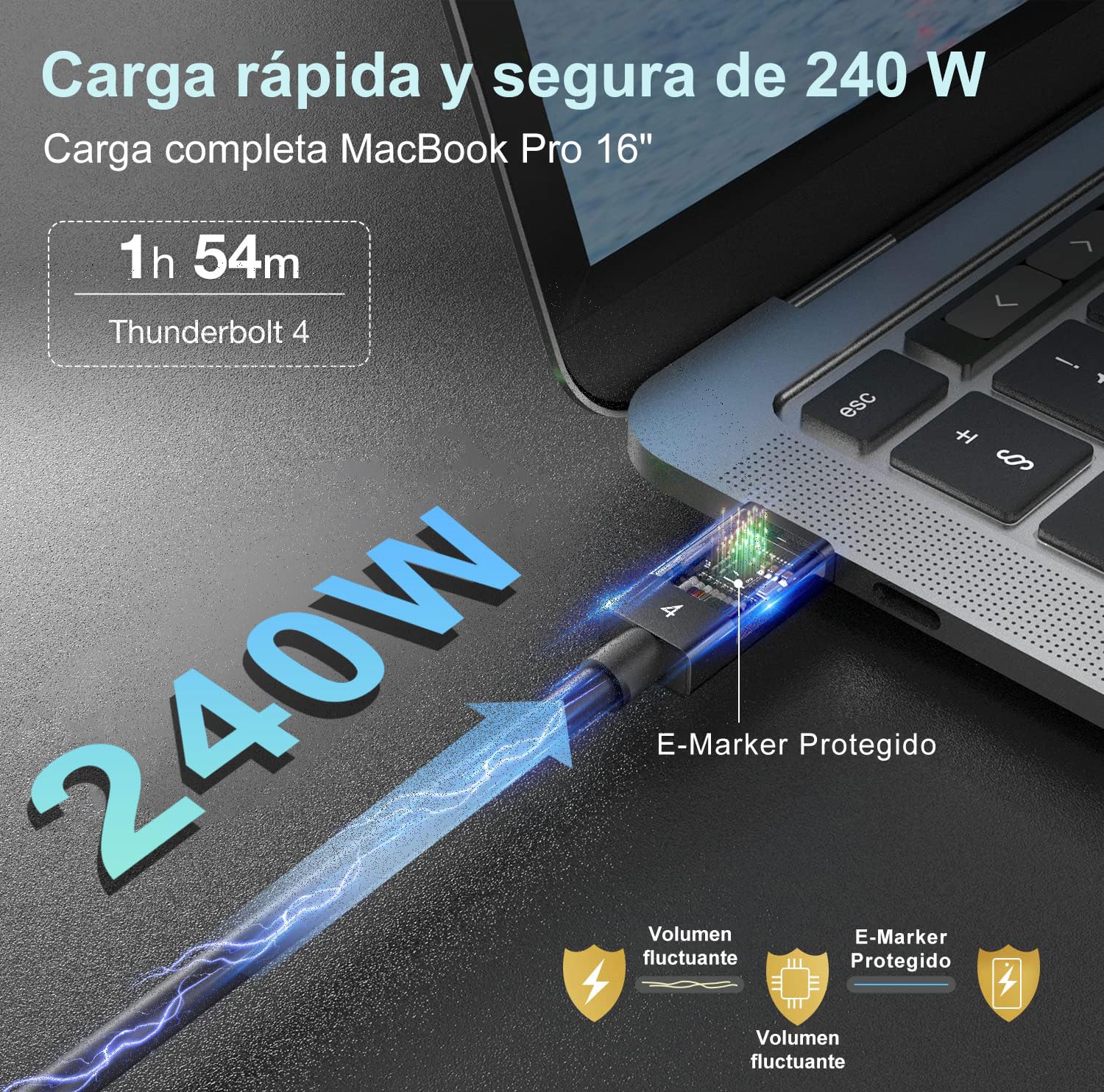 Cable Thunderbolt 4 de 240W 3m, Trenzado, Carga PD, Transferencia de datos de 40Gbps y 8K@60Hz 4K@144Hz, USB C para Thunderbolt 3, USB4, MacBook Pro, iPad Pro, Docking, eGPU, Monitor, SSD