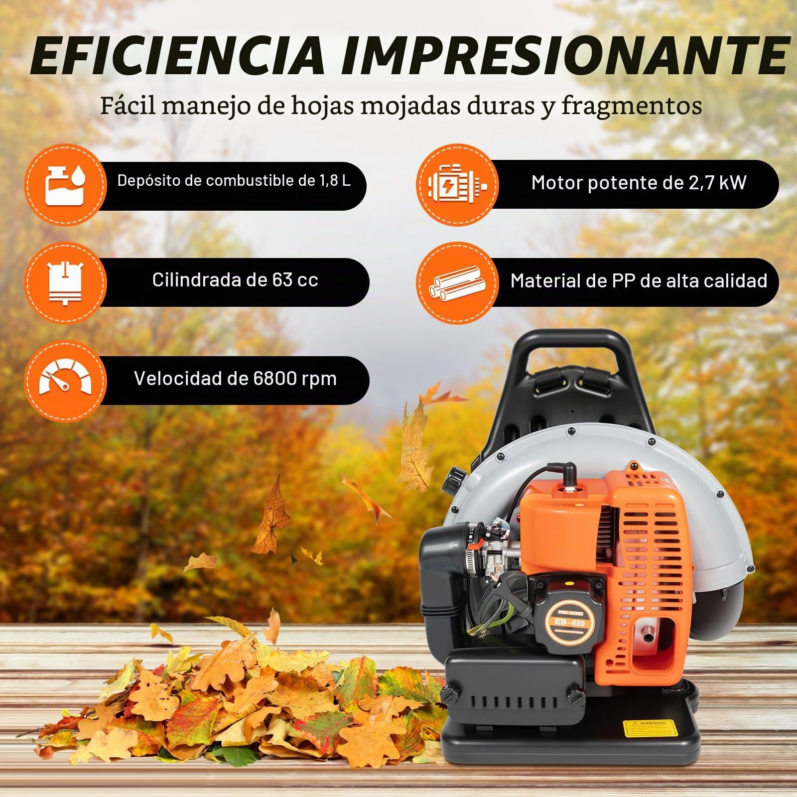 Gasolina Mochila Soplador de hojas, 63 CC Single ylinder 2 tiempos, motor refrigerado por aire, soplador de hojas, soplador de hojas comercial, soplador de gasolina para la eliminación de polvo, hojas