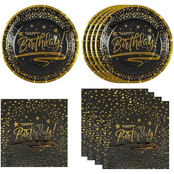Pack of 50 Paper Plates and Napkins Birthday Party Tableware Set Black Gold Dots Party Plates Napkins Disposable Children's Birthday Table Decoration for Birthday Decoration Girls Boys Women Man Black Gold