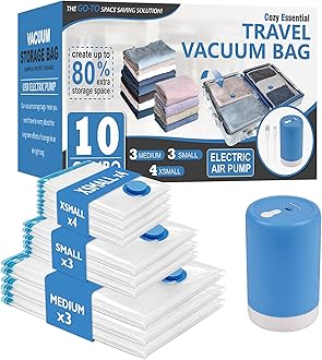 Cozy Essential Travel Vacuum Bags with Electric Pump, 10 Pack Vacuum Travel Bags for Luggage and Suitcase, Vacuum Seal Space Saver Compression for Clothes Clothing