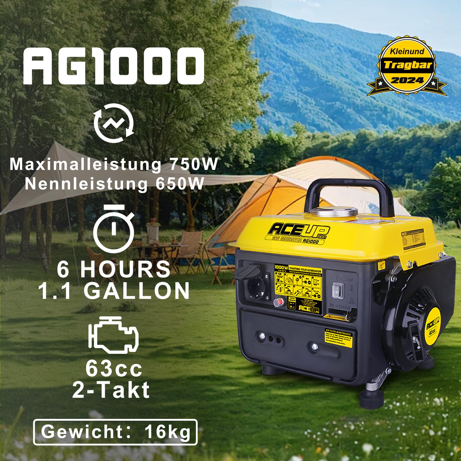 Aceup Energy - Generador eléctrico a gasolina con toma de corriente de 230 V, 750 W