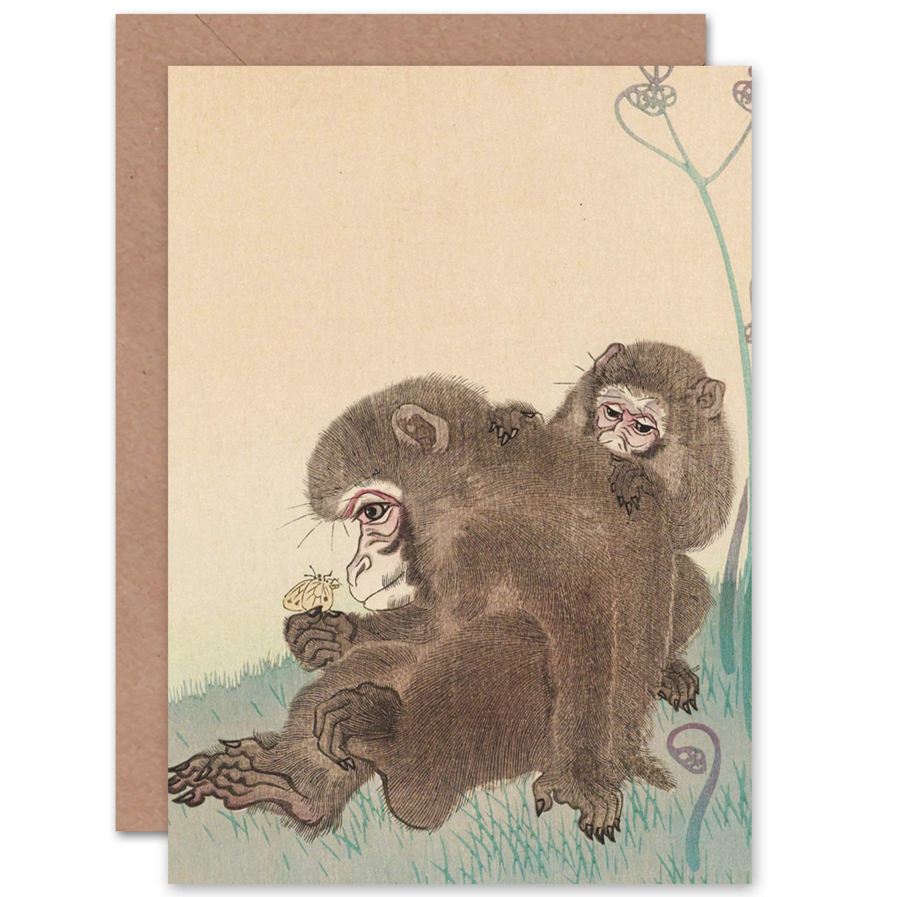 Artery8 Ohara Koson Two Monkeys With Butterfly Painting Fine Art Greeting Card Plus Envelope Blank Inside