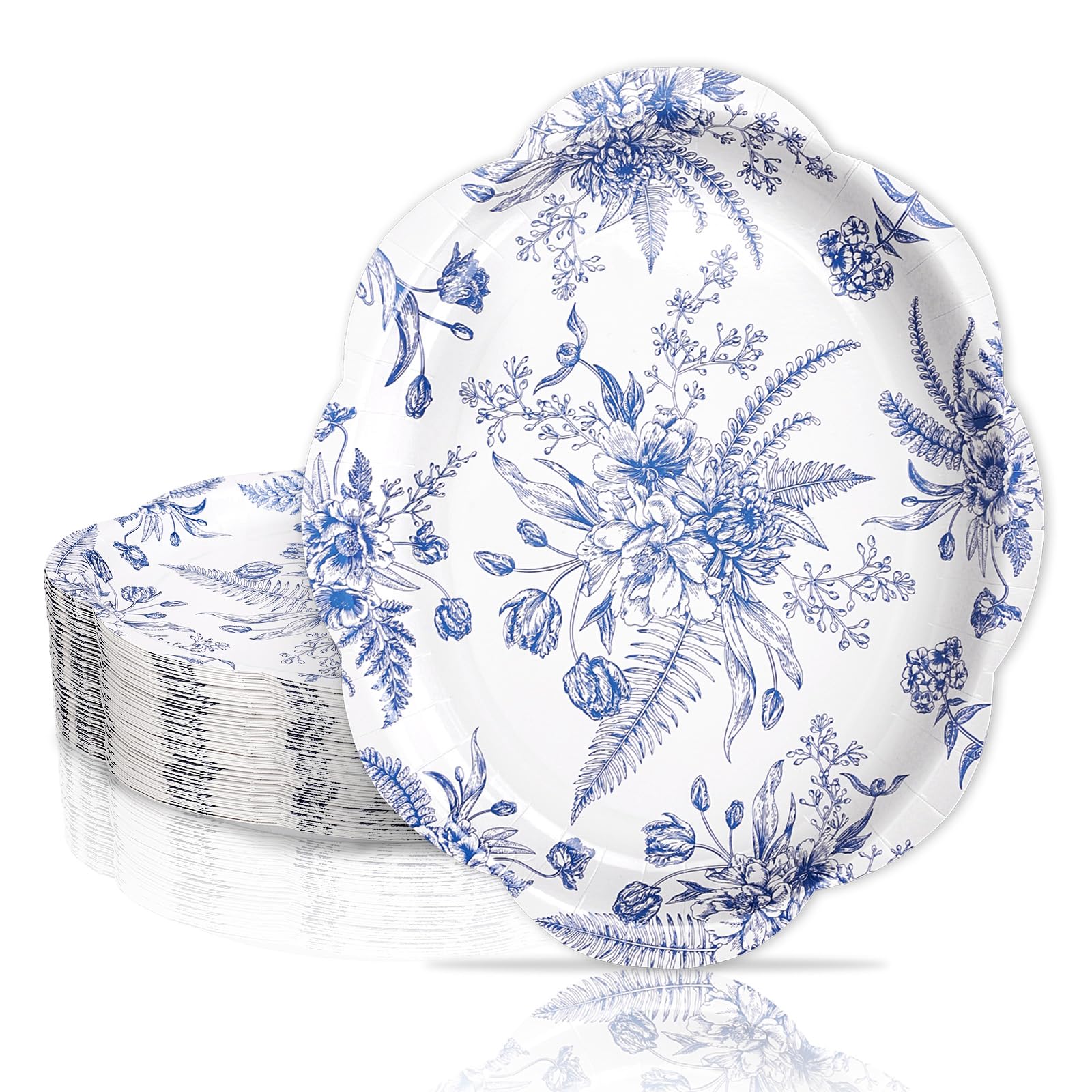 FYSUIMU 50 Pcs Blue White Floral Oval Paper Plates Chinoiserie Flower Scalloped Disposable Plates 12 x 10 Inch Tableware Plate for Wedding Birthday Spring Party Supplies