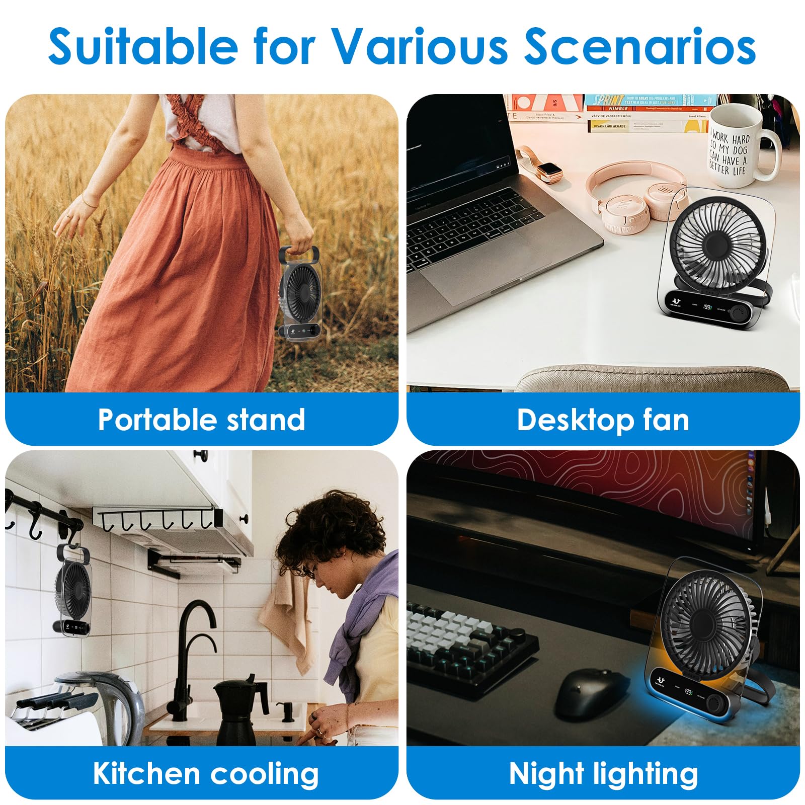 Simpeak Ventilador de Mesa, 199 Velocidades Pequeño Ventilador de Sobremesa Portatil, Batería Recargable por USB de 3000 mAh, Silencioso Fan con LED Luz para Hogar Oficina Camping - Negro