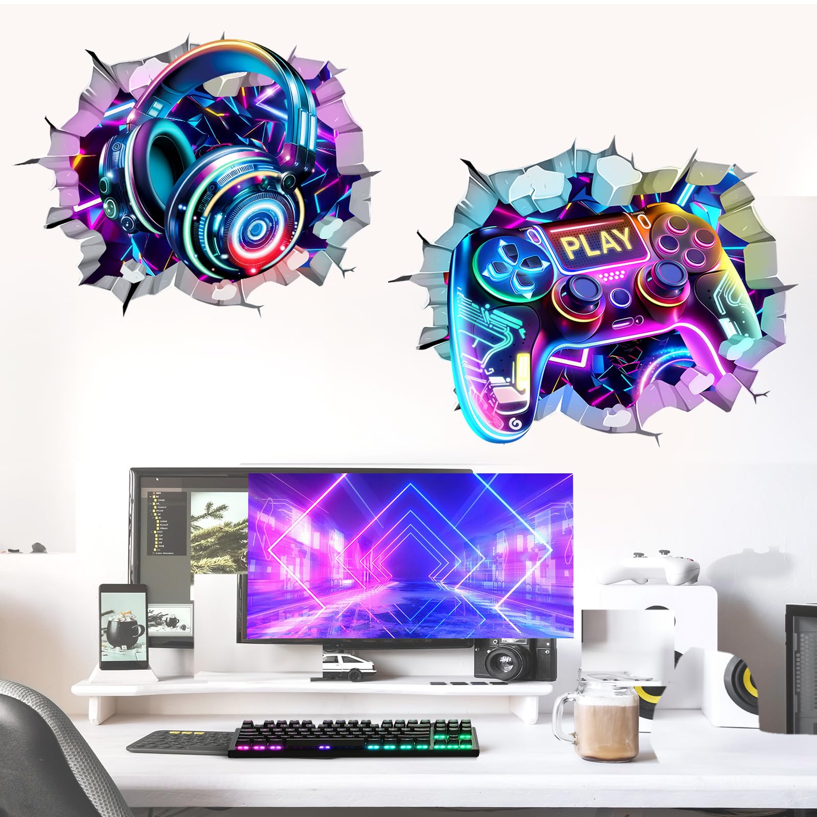 wondever 2 PCS 3D Game Wall Stickers Gamer Controller Video Gaming Joystick Peel and Stick Wall Art Decals for Boys Bedroom Kids Room Playroom - Image 3
