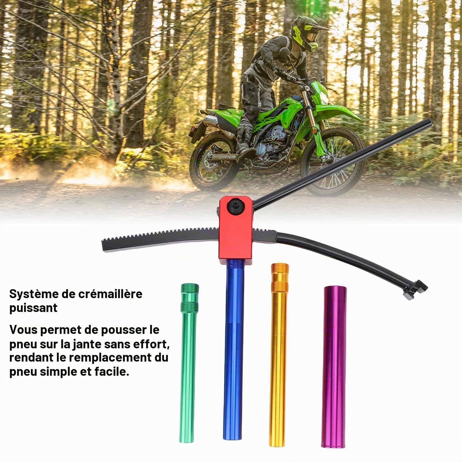 Luqeeg Outils pour Changer Les Pneus de Moto Tout-Terrain Kit de Changement de Pneus avec Système D'engrenage Puissant pour Simplifier L'installation Tiges de Support Multiples
