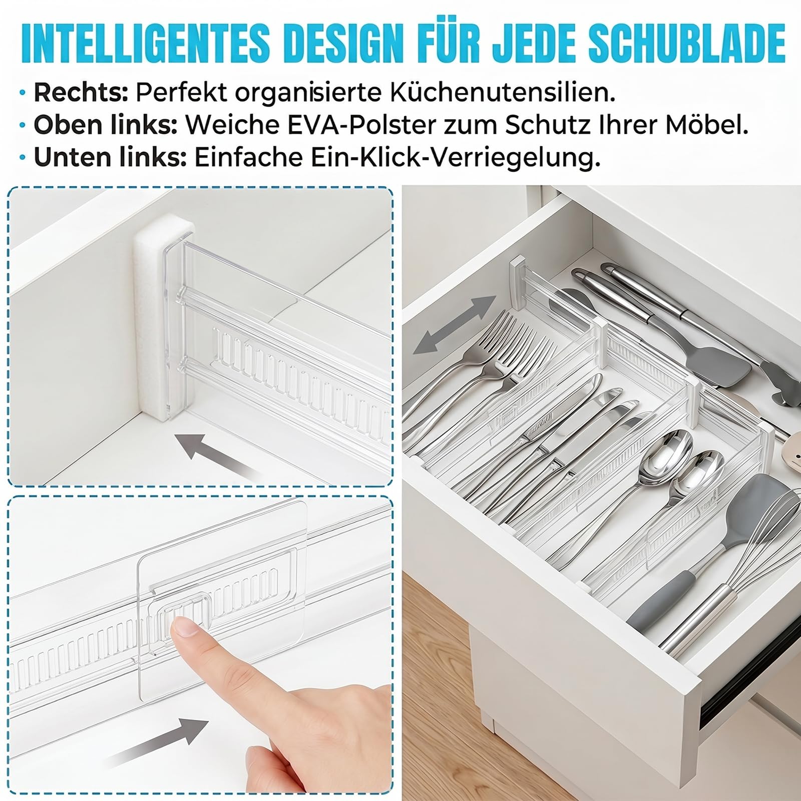 Set di 8 Divisori per Cassetti Regolabili | Separatori Trasparenti (Lunghezza: da 28,7 a 50,5 cm) | Divisori Organizer per Cucina, Guardaroba, Scrivania e Cassettiera