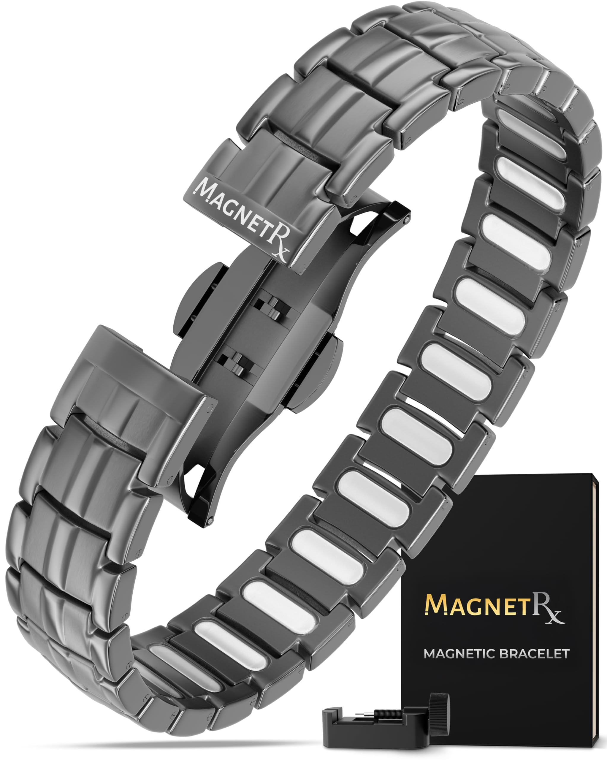 MagnetRXMagnetRX® Magnetic Bracelets for Men - EllipseMAX 5X Strength 5,000 Gauss Magnets - Designed in USA & Patent Pending - Premium Titanium Mens Magnetic Bracelet & Adjustable Length (Gunmetal)