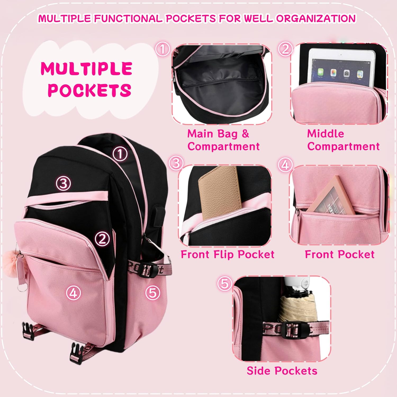 4 Pcs Girls School Backpack Kids Bookbag with Lunch Box and Case,17 Inch Teen Girls Boys Pink Backpacks for Primary Middle School - Image 4