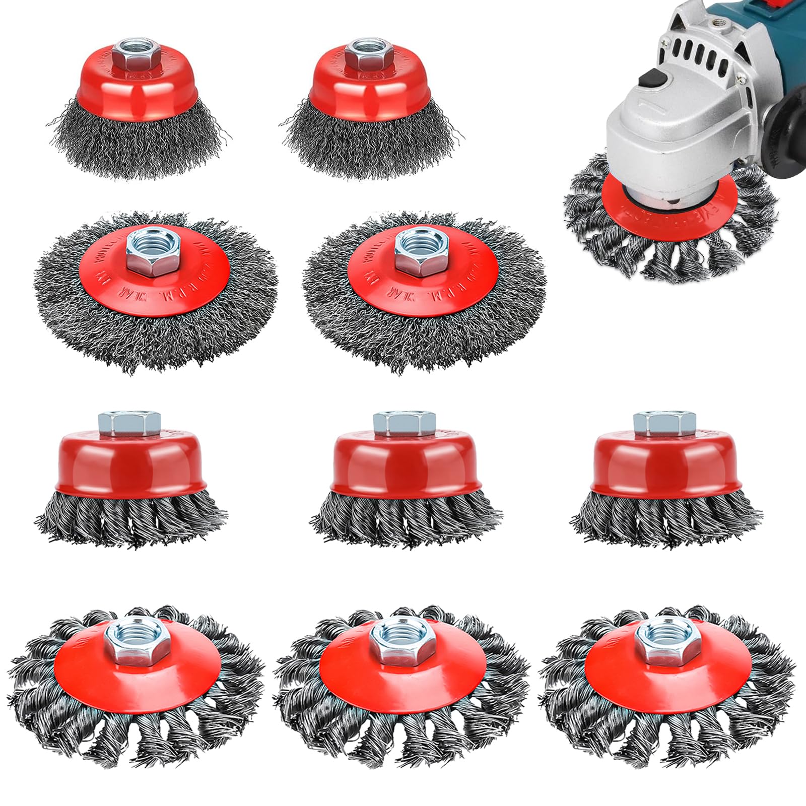 NORJIN 10 Pack Wire Wheel Wire Cup Brush, 3" & 4" Twisted Knotted & Coarse Crimped Wire Brushes Wheel Brush with 5/8" 11 Threaded for Rust Removal & Surface Cleaning