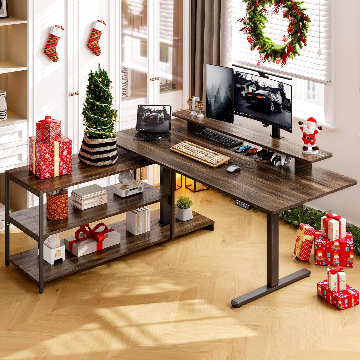 ONBRILL L Shaped Standing Desk with File Cabinet, 55x24'' Electric Stand Up Desk with Monitor and Storage Shelf, Adjustable Height 28-46'' for Home and Computer Workstation, Walnut