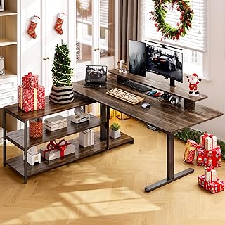 ONBRILL L Shaped Standing Desk with File Cabinet, 63x24'' Electric Stand Up Desk with Monitor and Storage Shelf, Adjustable Height 28-46'' for Home and Computer Workstation, Walnut