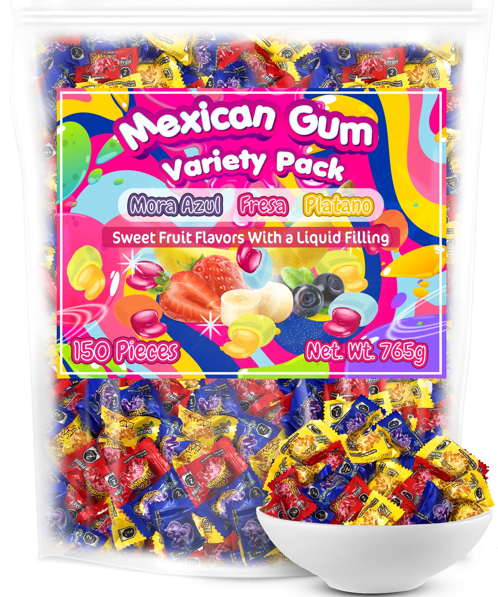 Bubbaloo Mexican Bubble Gum Variety Pack, 150 Pcs. Authentic Bubblegum Fruit Flavors, Banana, Strawberry, and Blueberry, by