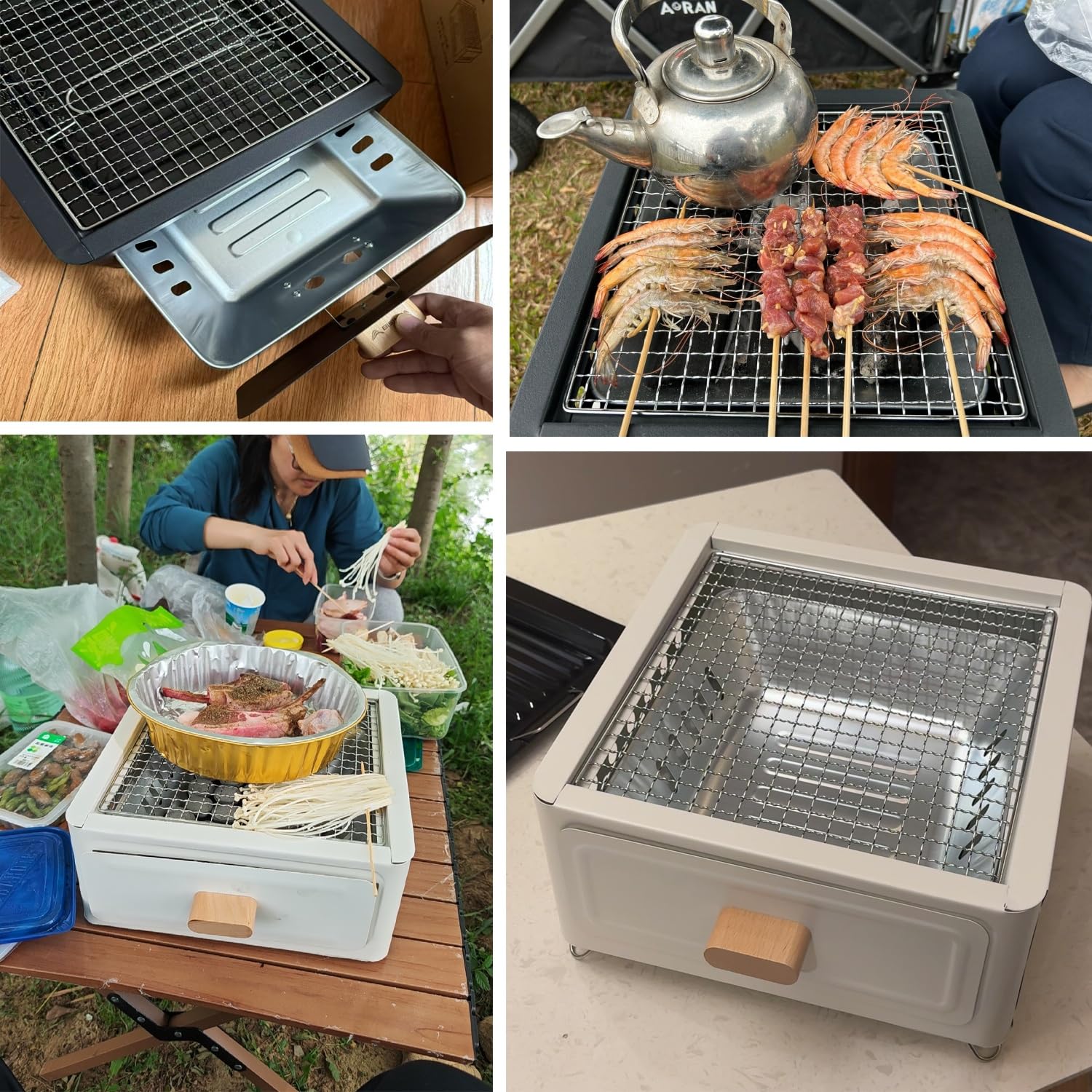 Przenośny grill na węgiel drzewny ze stali nierdzewnej ze zdejmowaną popielniczką, idealny do użytku na świeżym powietrzu i na piknik dla 3-5 osób (czarny)