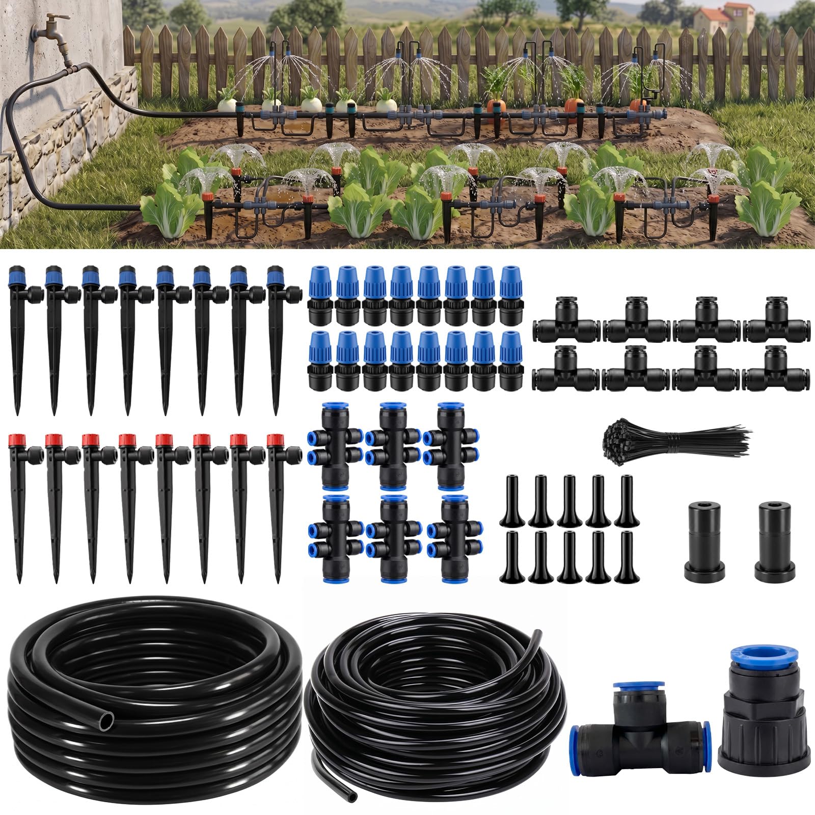 Kit de riego por goteo, sistema de riego automático de jardín de 230 pies con tubo de bloqueo rápido de conexión rápida de 1/4 y 1/2 pulgada, boquillas ajustables y aspersores para invernadero, césped