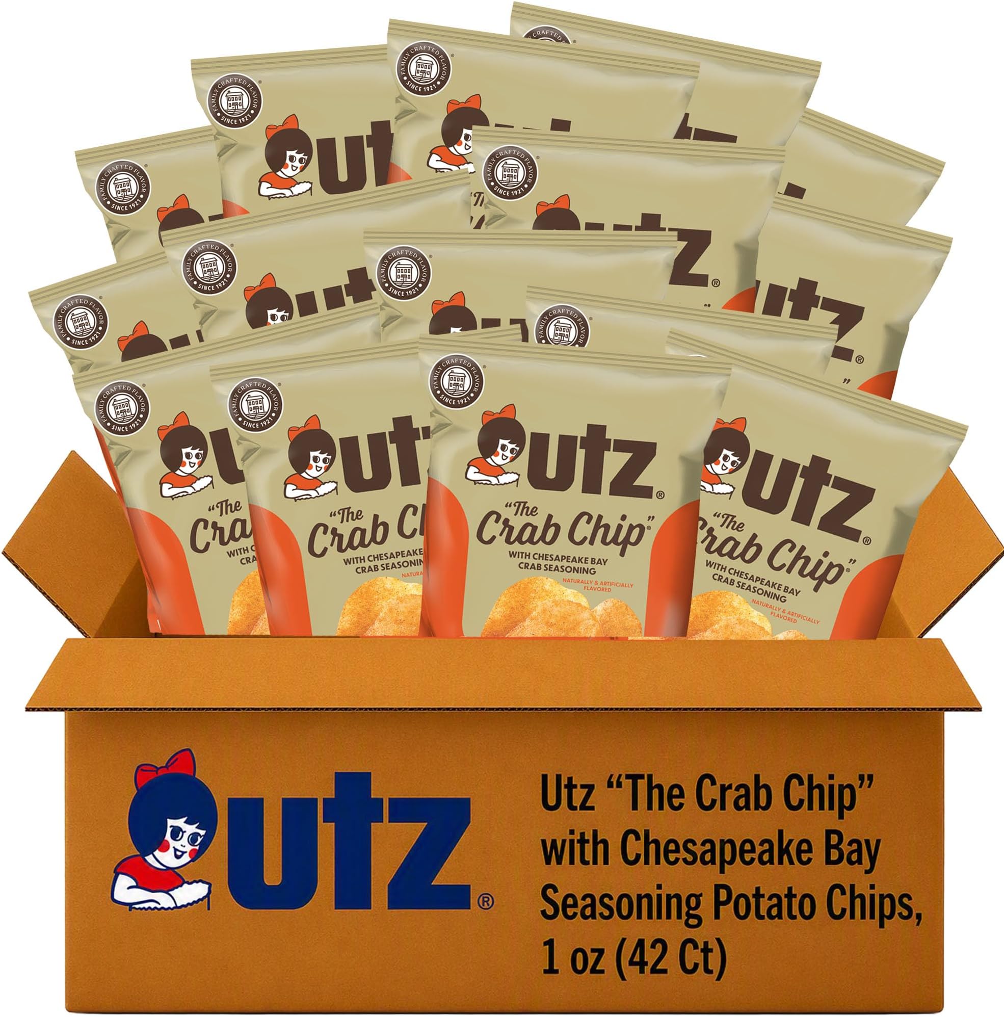 Crab Chips 1 oz. Bags, 42 Count, Crispy Fresh Potato Chips, Perfect for Vending Machines, Individual Snacks to Go, Trans-Fat Free, brand is Utz, variation theme is Flavor that is Crab, Size that