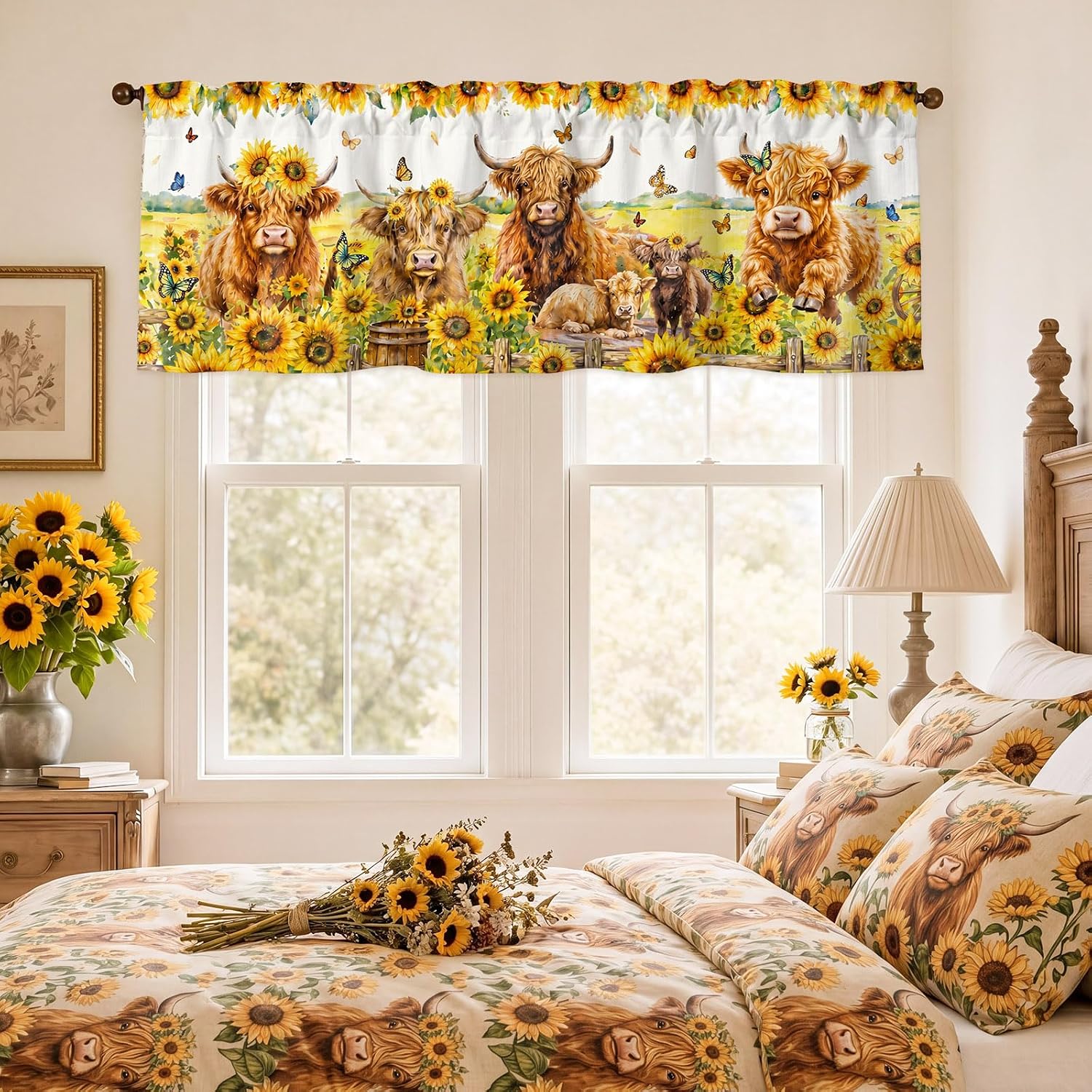 GlikCeil 2 Pack Sunflower Highland Cow Curtain Valances for Window 54x18 in