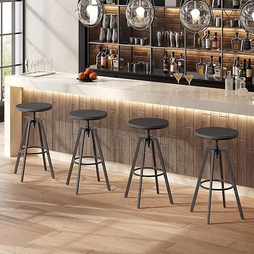Miniatura 4 de Taburetes de bar, sillas de bar redondas con marco de metal resistente, juego de 2 taburetes de bar industriales, altura ajustable, taburetes de