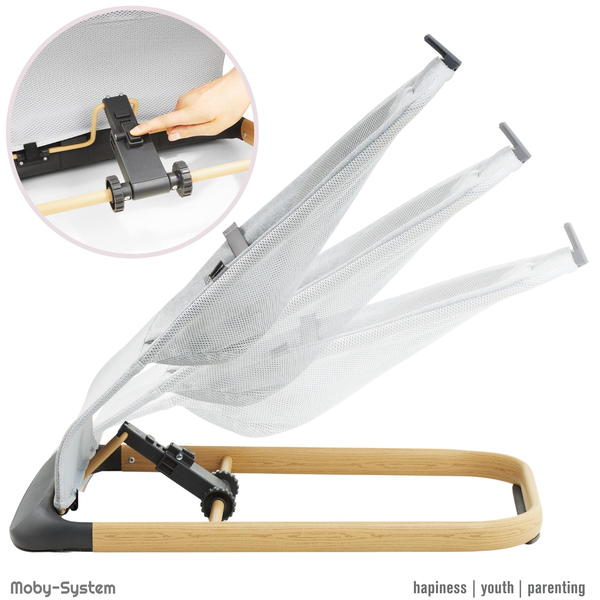 Moby-System Hamaca Bebé LILY 2 en 1 - Hamaquita Mecedora con Cojín Reductor y Arco de Juegos - Reclinable 3 Posiciones, Tejido de Lino Transpirable, hasta 9 kg - Gris