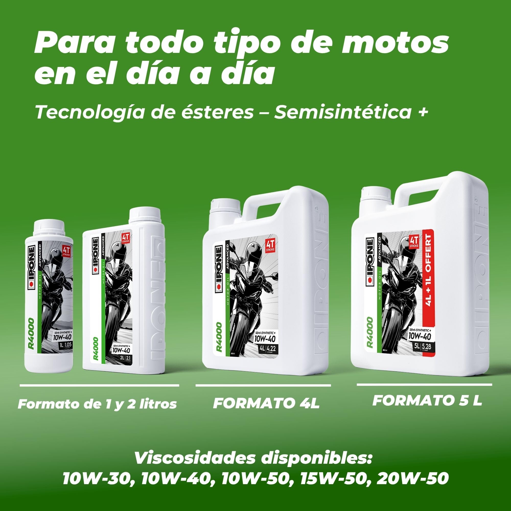 IPONE – Aceite de Motor para Moto 4 Tiempos 20W50 R4000 – Envase de 4 Litros – Semi-Sintético+ –Gama Advanced -Protección duradera del motor –Mayor vida útil del aceite –Limpieza del motor garantizada
