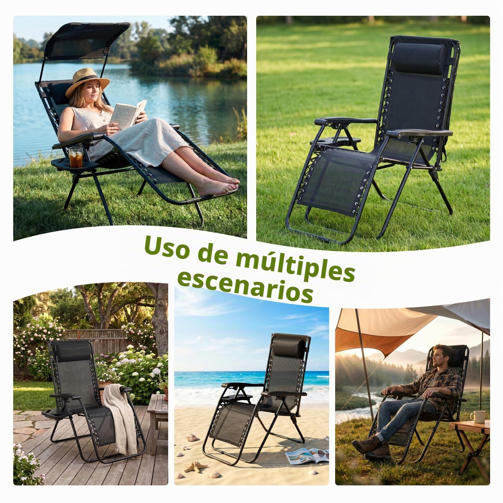VOWNER Pack de 2 Sillas de Gravedad Cero Plegables, Tumbona de Jardín con Parasol Ajustable y Posavasos, Sillón Relax para Balcón, Terraza, Camping, Playa