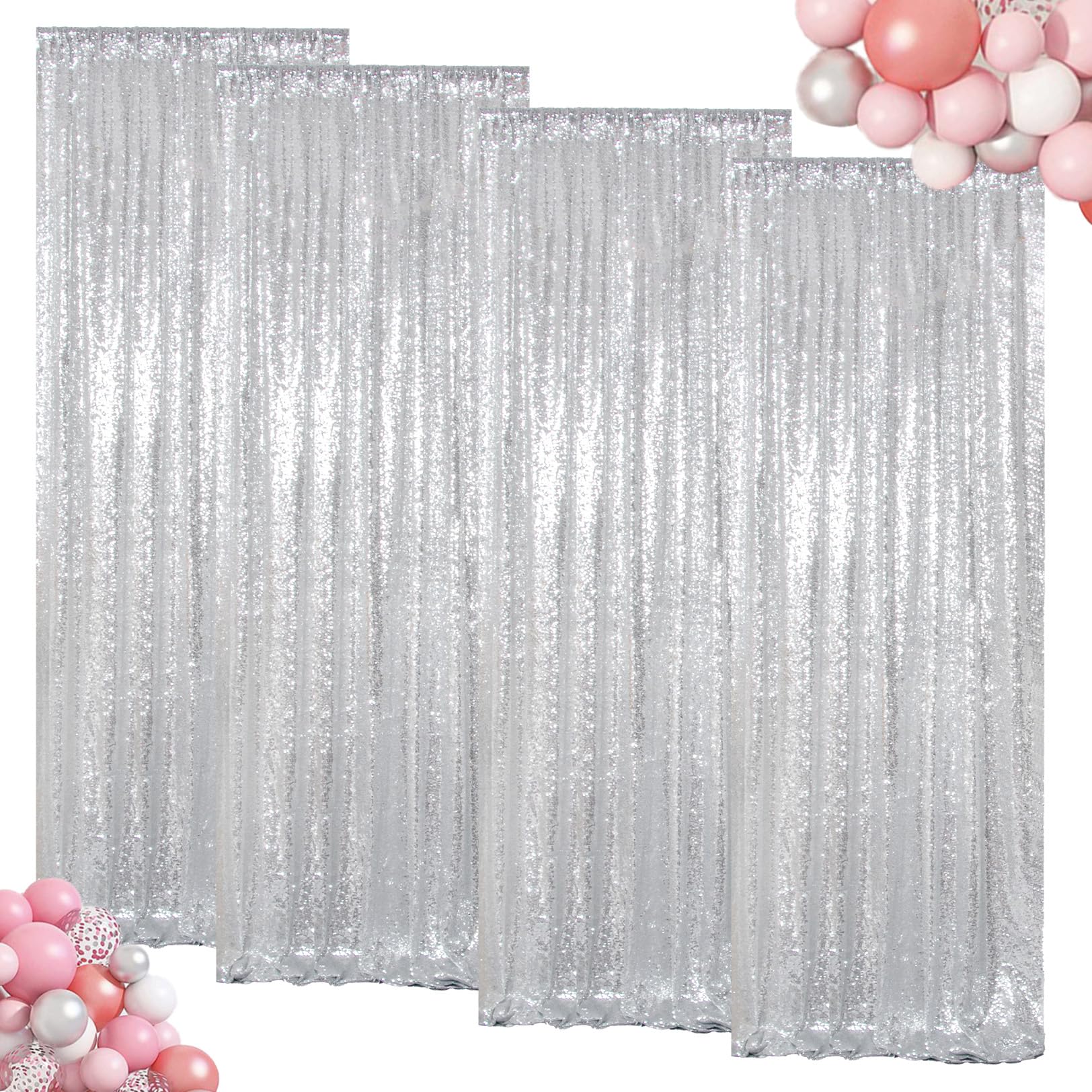 ShinyBeauty Sequin Curtains 4 Panels Silver Sequin Backdrop Photograph Backdrops Shimmer Background for Birthday Party New Year Decor Sparkle Fabric