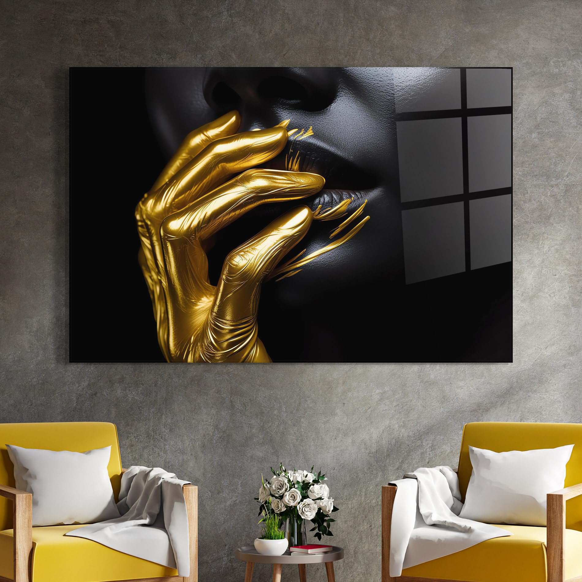 ARTHUB® Moderne impression sur verre 70x100 cm, 4mm verre trempé | Tableau en verre salon et chambre, Décoration murale moderne, Décoration intérieure, femmes, Gold Small Hand