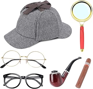 Detective Costume Accessories Set | 6-Piece Detective Role Play Accessories Set | Detective Hat, Detective Props, Magnifying Glass | 2-Piece Glasses for Dress Up Pretend Play(Golden & Black)