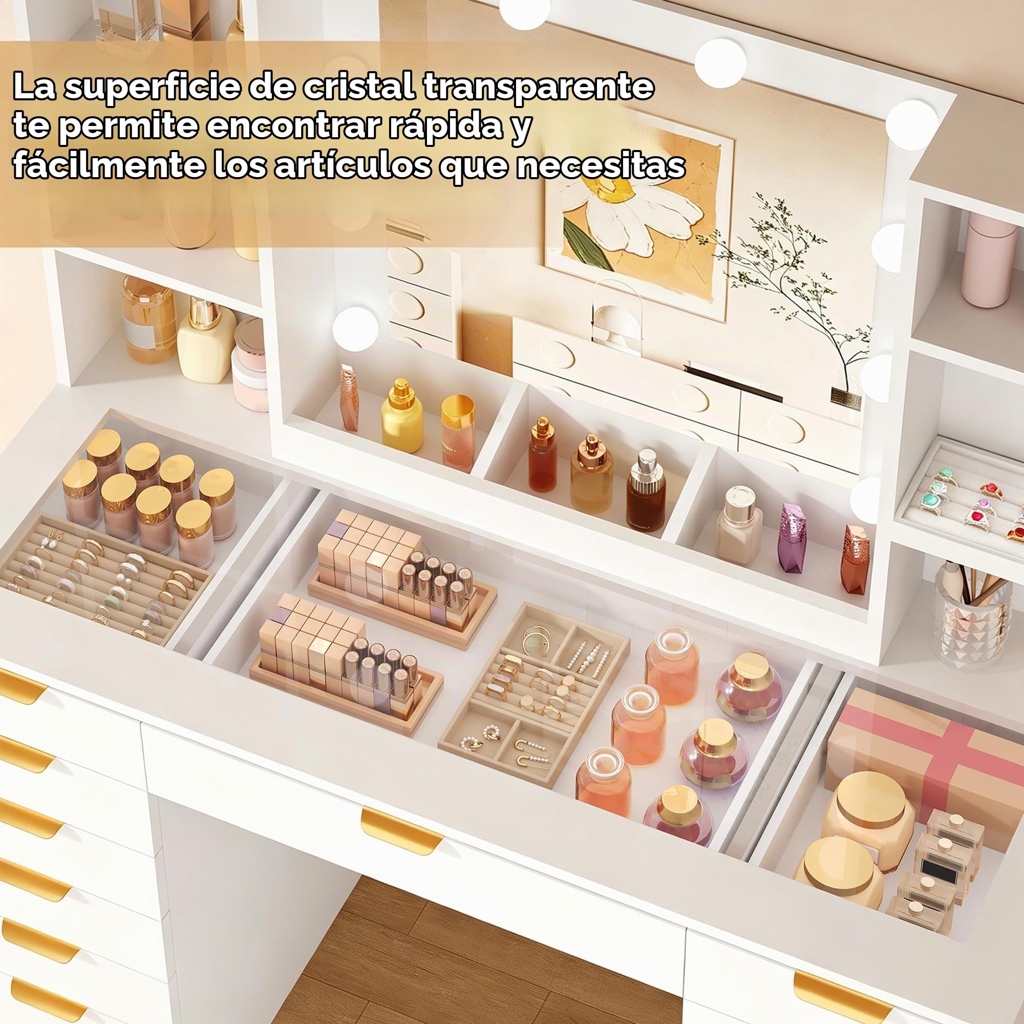 Grande Tocador de Maquillaje con Luz LED y Espejo,Vidrio,Enchufes