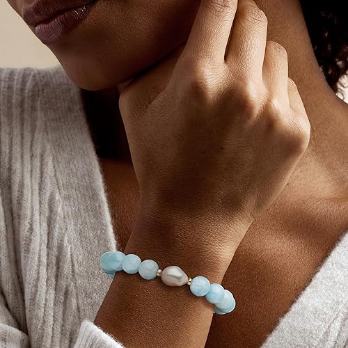 Miniatura 2 de Ross-Simons Pulsera elástica de perlas barrocas cultivadas de 0.472-0.512 in y cuentas de aguamarina de 140,00 ct. t.w con oro amarillo de 14