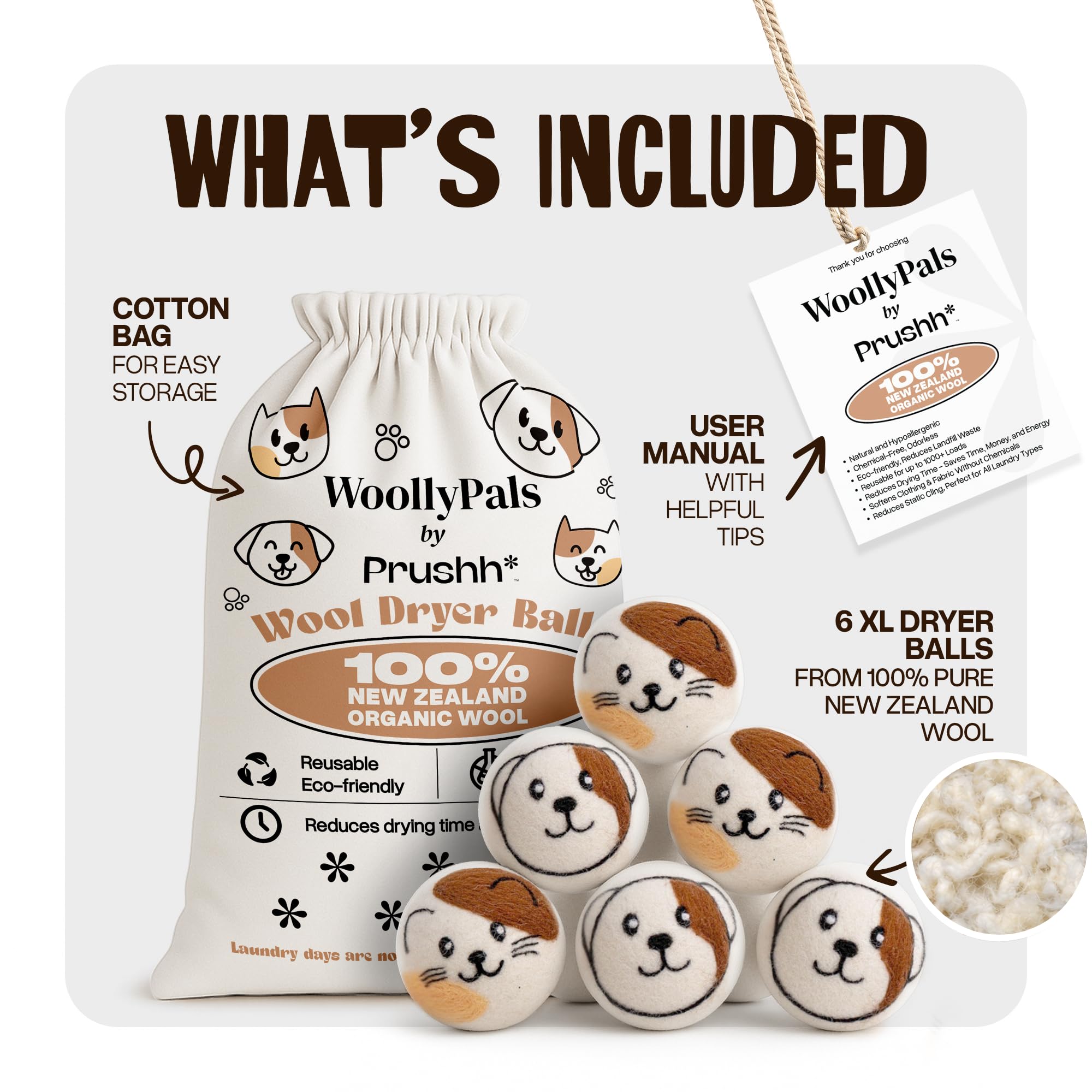 WoollyPals, palline di lana per asciugatrice (confezione da 6, misura XL) – 100% lana biologica neozelandese – sostenibili ed ecologiche – asciugano 1.000 carichi, sostituiscono i fogli per