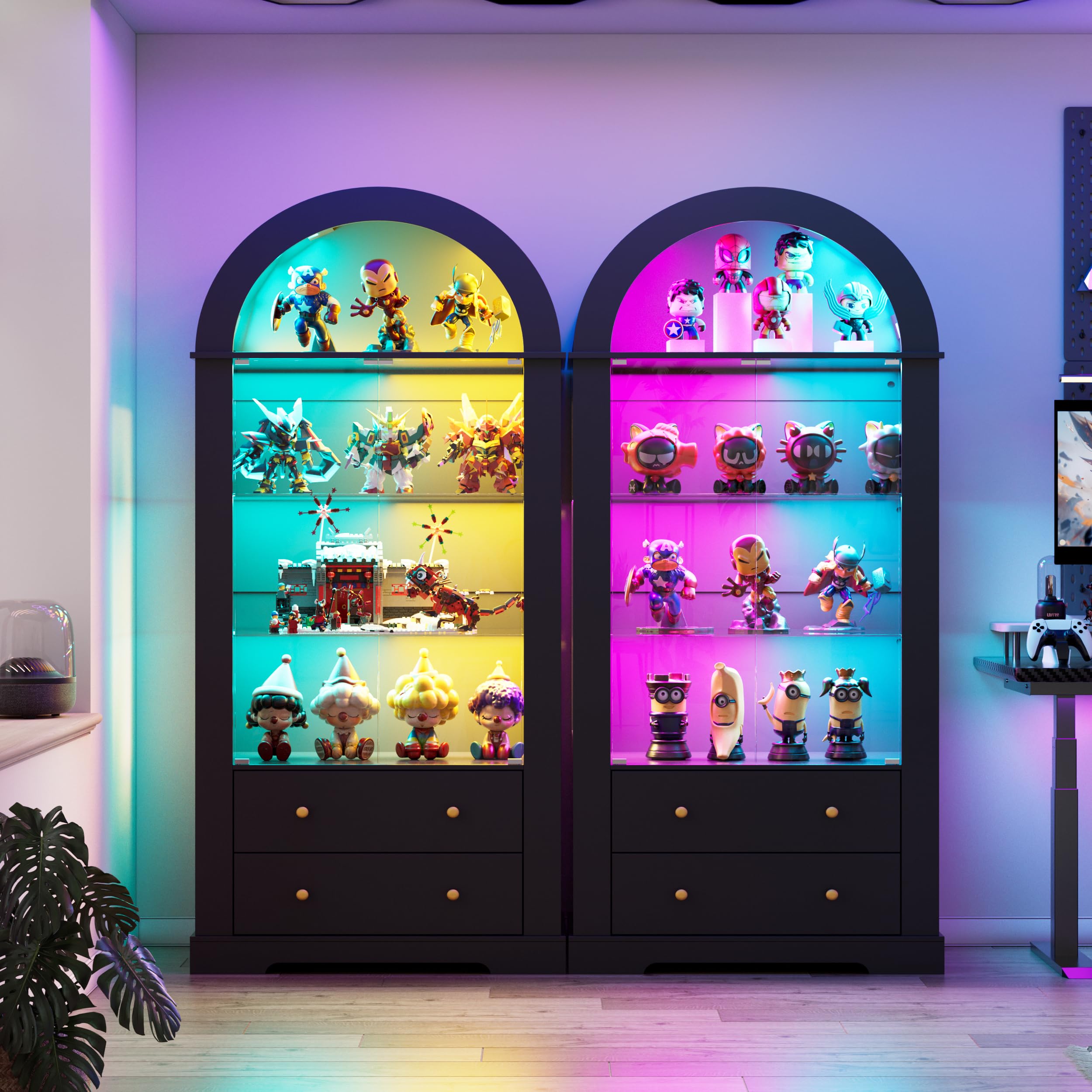 Vitrina Cristal Arqueada LED, 185cm Vitrina Expositora con Puertas de Cristal, Vitrina Coleccionista de Arco con 4 Estantes de Exhibición y 2 Cajones, Salón Dormitorio,Pasillo,Oficina,Negro