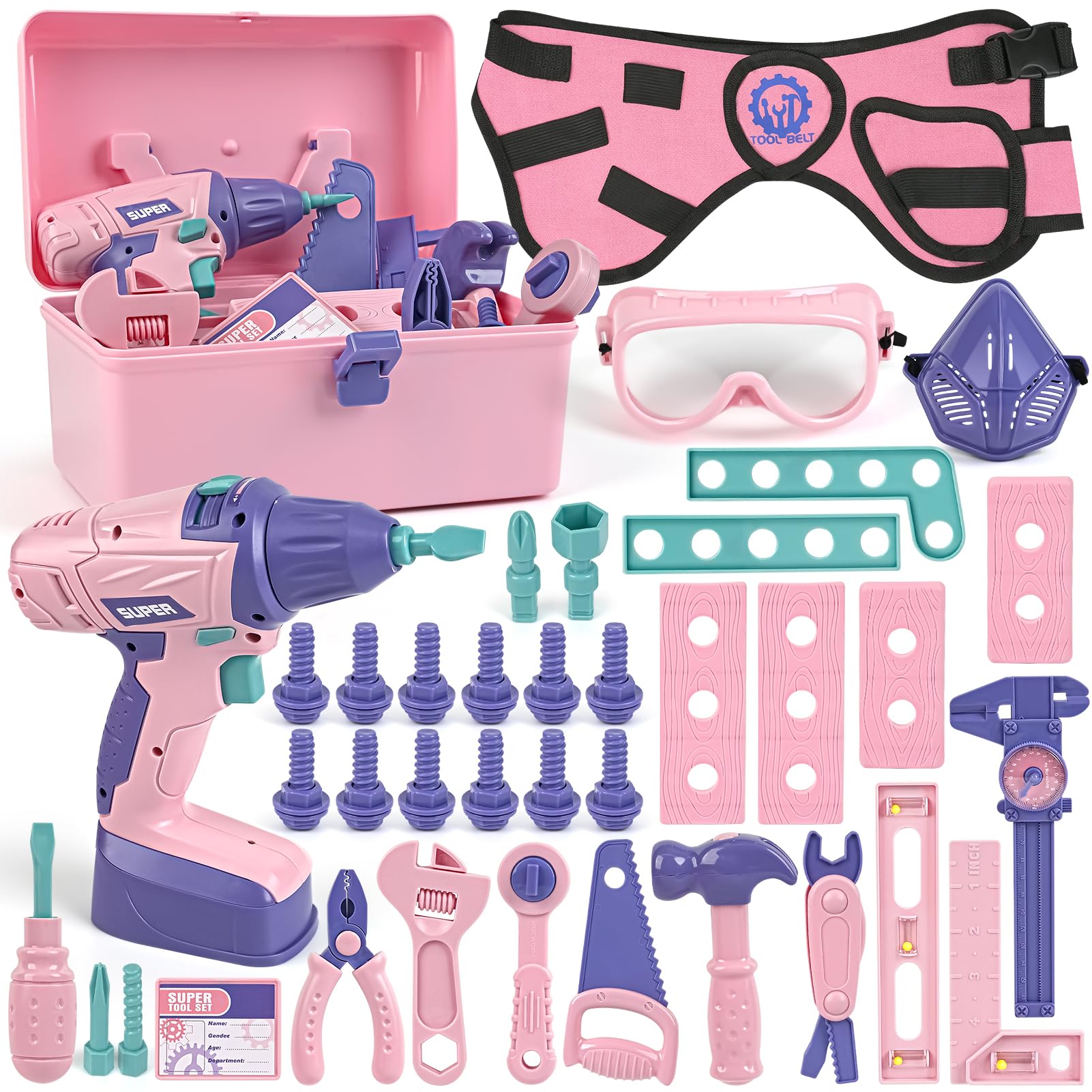 Vanplay Kids Tool Set 52Pcs Pretend Play Tools Kit with Electronic Toy Dril Belt Tool Box Toys for Boys Girls Ages 3 4 5 6 7 Years Old for Kids (Pink)