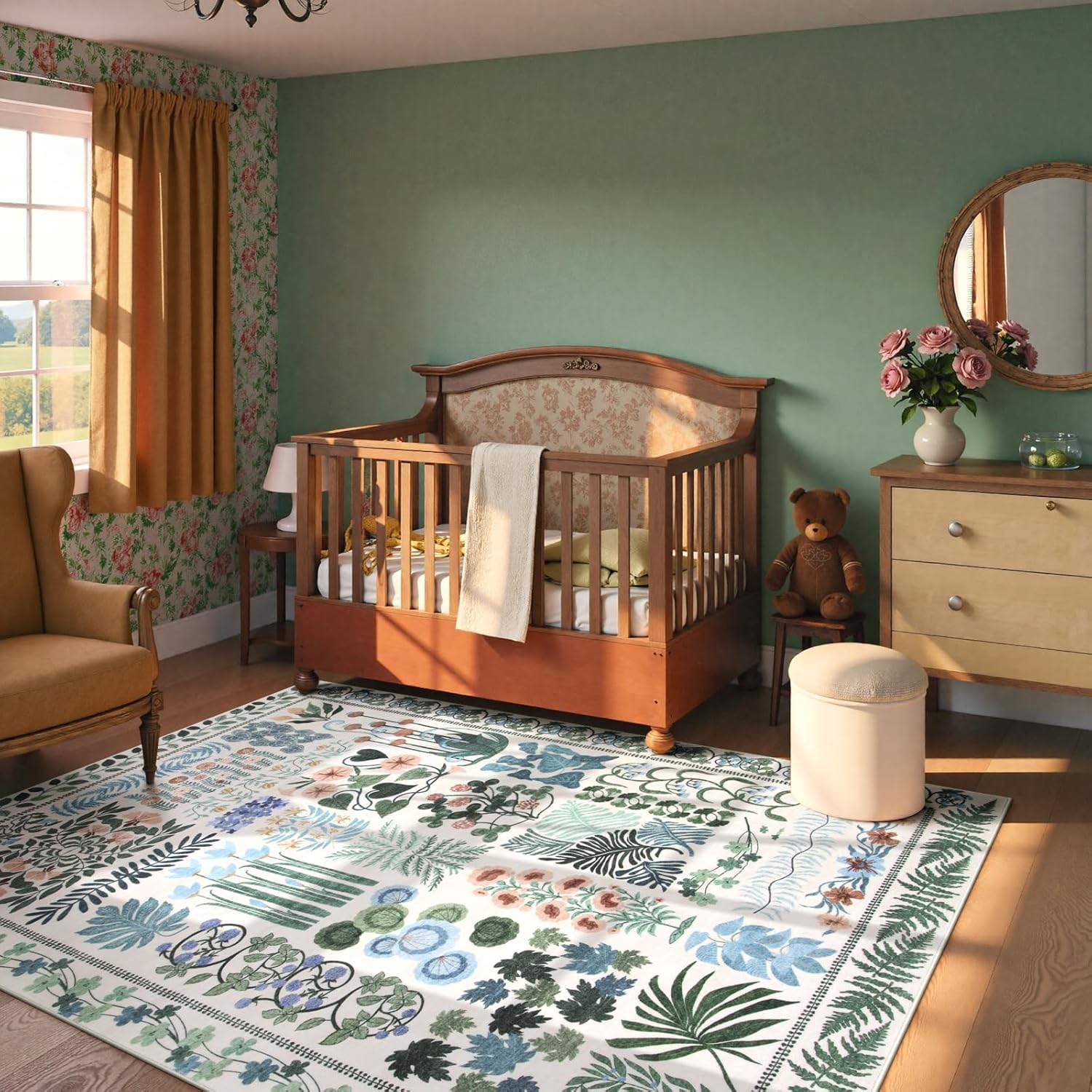 Floral Boho 5x7 Area Rugs for Bedroom Living Room, Botanical Soft Dining Room Rug, Large Non Slip Stain Resistant Indoor Throw Carpet for Entryway Kitchen Office Playroom (Beige,5 x 7)