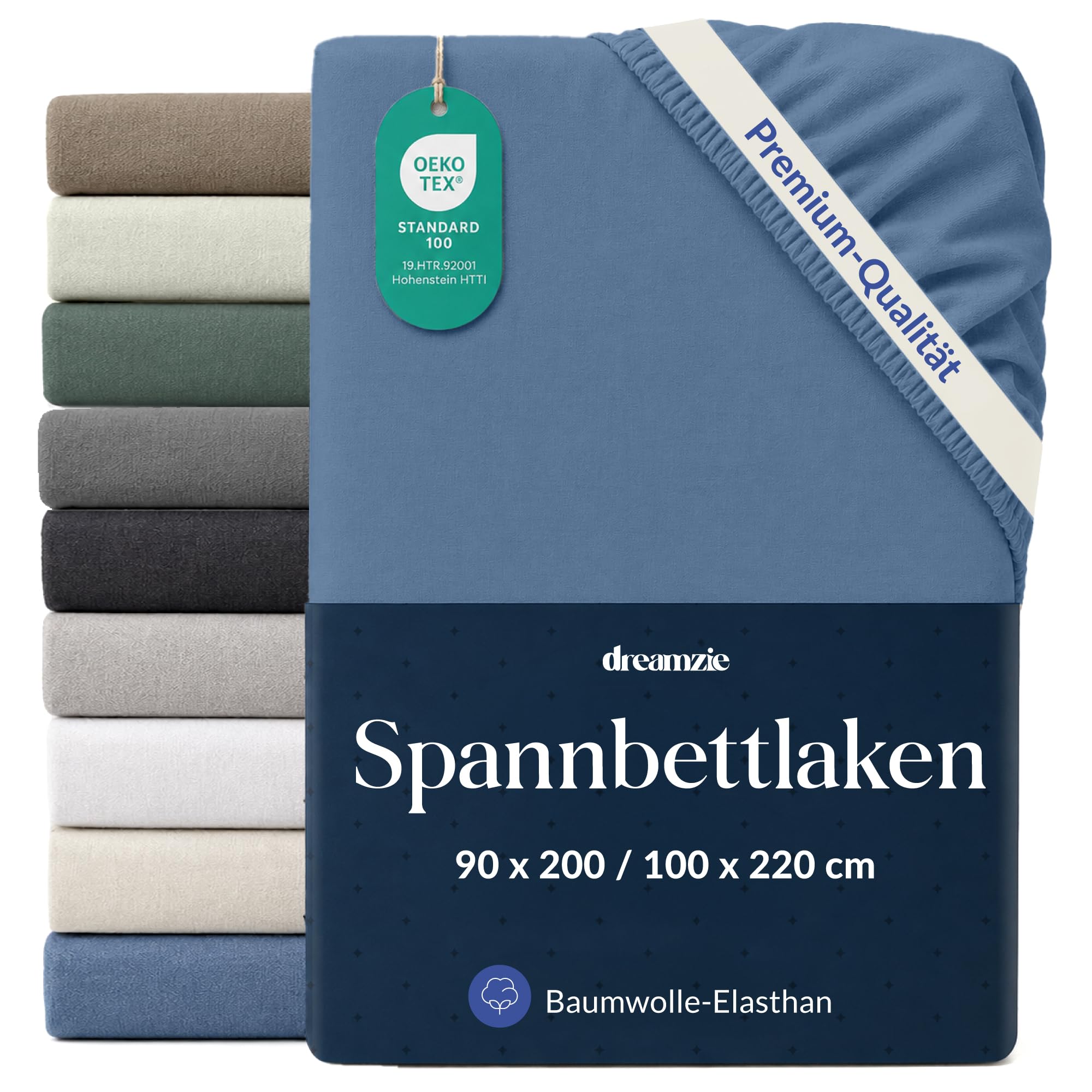 Dreamzie Spannbettlaken 90x100-100x220cm Blau, Baumwolle | Jersey 97% Baumwolle, 3% Elasthan · Oeko-Tex zertifiziert · 360°-Gummizug bis 35 cm · Ohne Bügeln