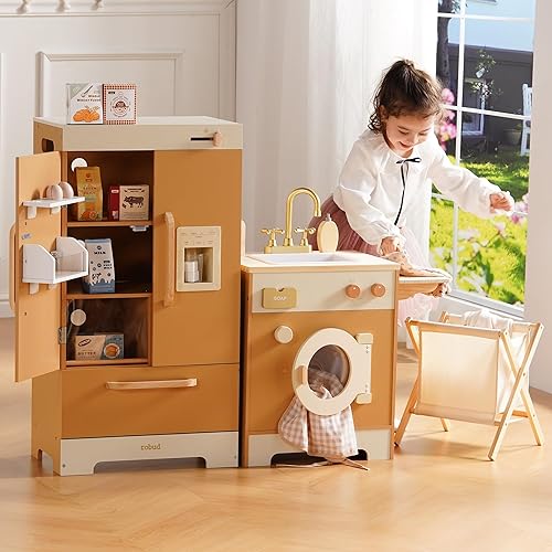 Miniatura 2 de ROBOTIME Juego de cocina de madera caramelo para niños, juego de rol 4 en 1 con nevera, lavadora y plancha, lavavajillas, juego de cocina para niños
